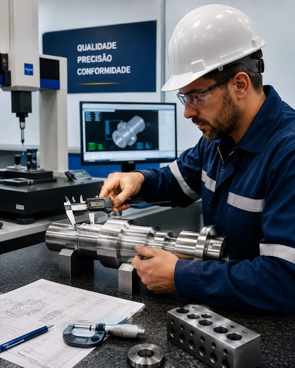 Inspetor fazendo medição dimensional de peça usinada