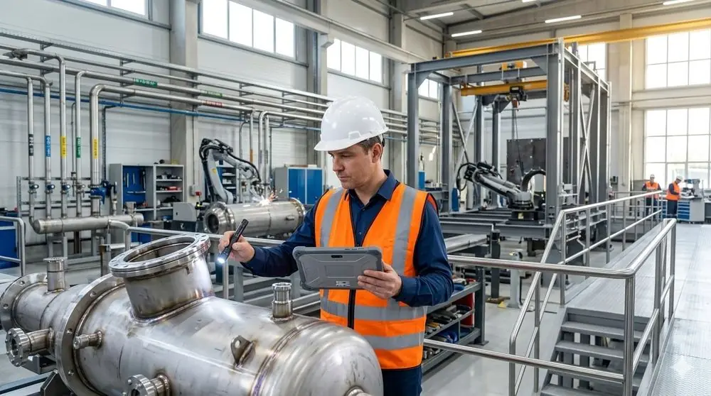 Inspetor avaliando peça em ambiente industrial