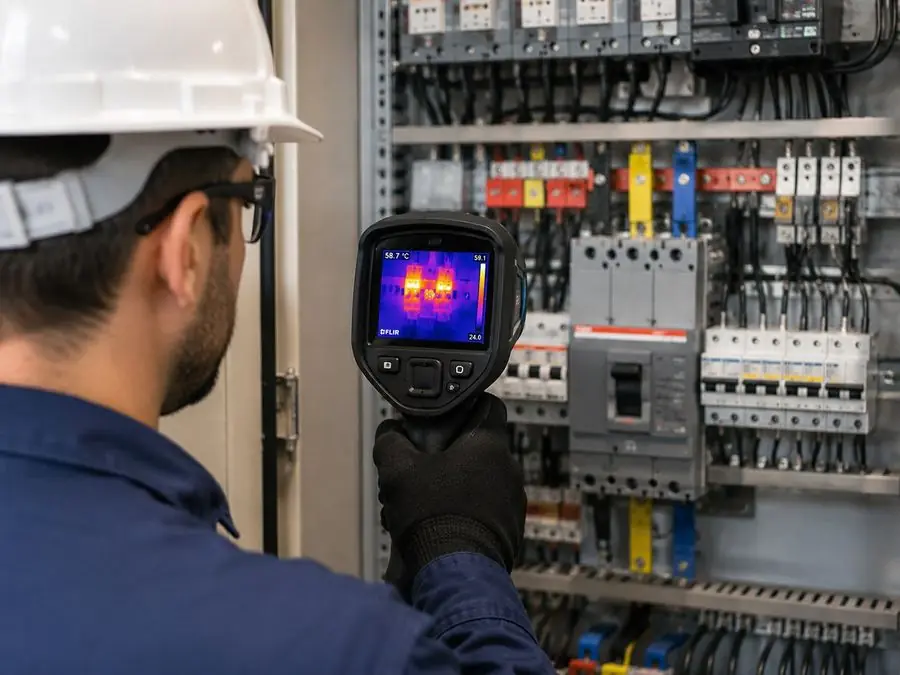 Engenheiro fazendo termografia em quadro elétrico